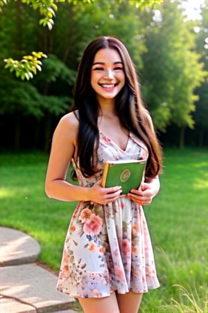 girl, long hair, smiling, outdoors, floral dress, holding a book, sunlight