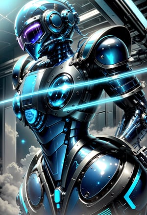 a close up of a person in a blue and black suit, futuristic clothing and helmet, tokusatsu suit vaporwave, bubblegum crisis, cyber suit, sleek glowing armor, blue cyborg, cyber universe style, shiny hi tech armor, stealth suit, cyber fight armor, futuristic cyber clothing, cyber japan style armor, futuristic attire, futuristic armor, blue armor, reflective suit