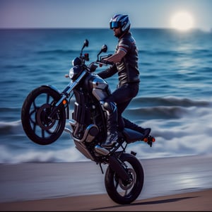 Me, 1man, man on a a motorcycle popping a wheely on the beach, high detail, Realism, wide shot, first-person view, award winning, high details, super detail, highres, anatomically correct, masterpiece, 4K, 8k, 16k, 16k