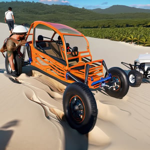 (extremely detailed CG unity 8k wallpaper),(((masterpiece))), (((best quality))), ((ultra-detailed)), (best illustration),(best shadow), Duny buggy on the beach with a man sitting on the back wheel
,Landskaper
