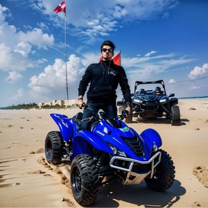 (extremely detailed CG unity 8k wallpaper),(((masterpiece))), (((best quality))), ((ultra-detailed)), (best illustration),(best shadow), Man on a quad with a dune buggy in the background on the beach,