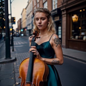 a 18 yo woman,dyed blonde hair , hair ribbons, (playing a cello, four string) , dark theme, muted colors, high contrast, (tattos skin texture, hyperrealism, soft light, sharp), puffy princess dress, streetlights, raw photo, raw, analog photo, analog