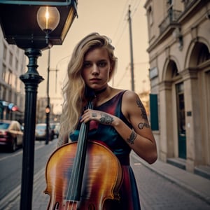 a 18 yo woman,dyed blonde hair , hair ribbons, (playing a cello, four string) , dark theme, muted colors, high contrast, (tattos skin texture, hyperrealism, soft light, sharp), puffy princess dress, streetlights, raw photo, raw, analog photo, analog