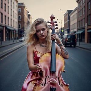 a 18 yo woman,dyed blonde hair , hair ribbons, (playing a cello, four string) , dark theme, muted colors, high contrast, (tattos skin texture, hyperrealism, soft light, sharp), puffy princess dress, streetlights, raw photo, raw, analog photo, analog, beautiful eyes 
