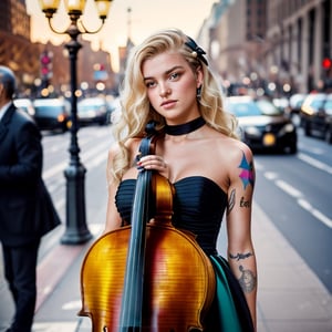 a 18 yo woman,dyed blonde hair , hair ribbons, (playing a cello, four string) , dark theme, muted colors, high contrast, (tattos skin texture, hyperrealism, soft light, sharp), puffy princess dress, streetlights, raw photo, raw, analog photo, analog, beautiful eyes , in front of metropolitan opera New York 
