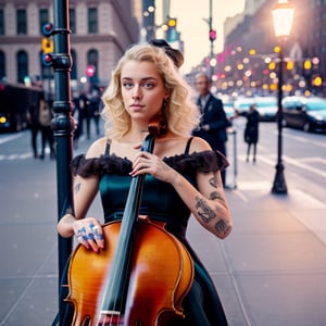 a 18 yo woman,dyed blonde hair , hair ribbons, (playing a cello, four string) , dark theme, muted colors, high contrast, (tattos skin texture, hyperrealism, soft light, sharp), puffy princess dress, streetlights, raw photo, raw, analog photo, analog, beautiful eyes , in front of metropolitan opera New York, realistic eyes
