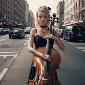 a 18 yo woman,dyed blonde hair , hair ribbons, (playing a cello, four string) , dark theme, muted colors, high contrast, (tattos skin texture, hyperrealism, soft light, sharp), puffy princess dress, streetlights, raw photo, raw, analog photo, analog, beautiful eyes , in front of metropolitan opera New York 
