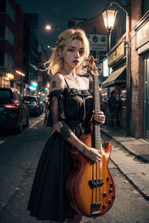 a 18 yo woman,dyed blonde hair , hair ribbons, (playing a electric bass, four string) , dark theme, muted colors, high contrast, (tattos skin texture, hyperrealism, soft light, sharp), puffy princess dress, streetlights
