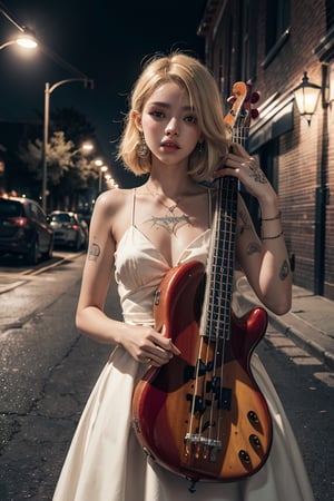 a 18 yo woman,dyed blonde hair , hair ribbons, (playing a electric bass, four string) , dark theme, muted colors, high contrast, (tattos skin texture, hyperrealism, soft light, sharp), puffy princess dress, streetlights