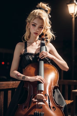 a 18 yo woman,dyed blonde hair , hair ribbons, (playing a cello, four string) , dark theme, muted colors, high contrast, (tattos skin texture, hyperrealism, soft light, sharp), puffy princess dress, streetlights