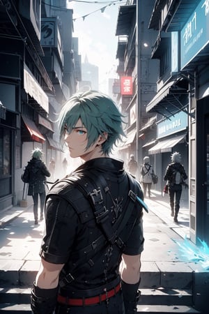 From behind , looking back Green Gray hair , , Noctis ffxv,king wear, confused expression  ,1boy  , glothes, man cosplay , blue aura, random girl , original character perfect eyes, blue glowing hair,Detailedface, futuristic city, apocalypse,manga,nodf_lora