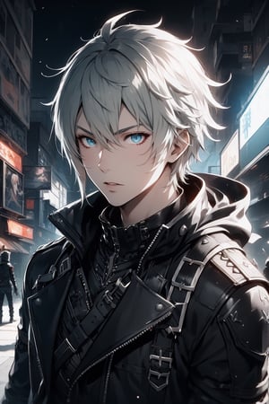 From up ,Green Gray hair , , Noctis ffxv,king wear, confused expression  ,1boy  , glothes, man cosplay , blue aura, random girl , original character perfect eyes, blue glowing hair,Detailedface, futuristic city, apocalypse,manga,nodf_lora