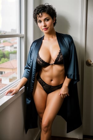 full body photo, photo of super sexy vamp model, very phenomenal beautiful woman, 40 years old, Brazilian, Naked, silver short hair, blue eyes, bust size C, short unbuttoned lace black robe , blue High Heel Shoes, stands at bedroom window, seductive position, sexy position, very realistic photo, high detail, full body photo, 12K, RAW, photo taken with nikon d85 camera