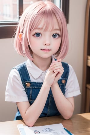 Loli, 5-8 years old,(masterpiece), best quality, 1 girl, nice hands, perfect hands, cuteloli, short hair,pink hair,anya
