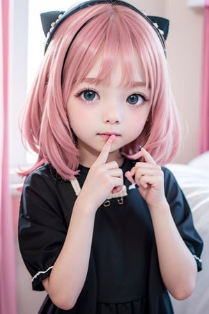 Loli, 5-8 years old,(masterpiece), best quality, 1 girl, nice hands, perfect hands, cuteloli, short hair,pink hair , black hair accessories,anya
