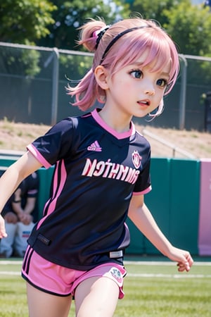 Loli, 5-8 years old,(masterpiece), best quality, 1 girl, nice hands, perfect hands, cuteloli, short hair,pink hair , black hair accessories,anya, dynamic photos, Running,Sportswear, sports games,