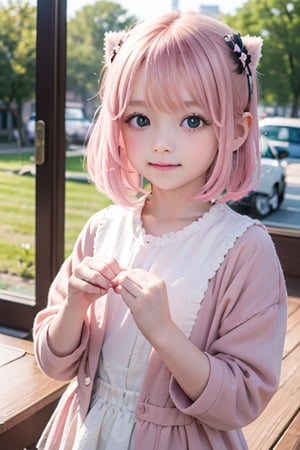 Loli, 5-8 years old,(masterpiece), best quality, 1 girl, nice hands, perfect hands, cuteloli, short hair,pink hair,anya