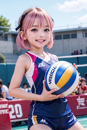 Loli, :),5-8 years old,(masterpiece), best quality, 1 girl, nice hands, perfect hands, cuteloli, short hair,pink hair , black hair accessories,anya, dynamic photos, Play volleyball,Sportswear, sports games,