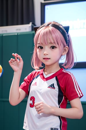 Loli, 5-8 years old,(masterpiece), best quality, 1 girl, nice hands, perfect hands, cuteloli, short hair,pink hair , black hair accessories,anya, dynamic photos, practice volleyball,Sportswear, sports games,