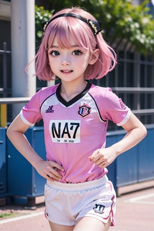 Loli, :),5-8 years old,(masterpiece), best quality, 1 girl, nice hands, perfect hands, cuteloli, short hair,pink hair , black hair accessories,anya, dynamic photos, Running,Sportswear, sports games,