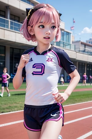 Loli, 5-8 years old,(masterpiece), best quality, 1 girl, nice hands, perfect hands, cuteloli, short hair,pink hair , black hair accessories,anya, dynamic photos, Running,Sportswear, sports games,