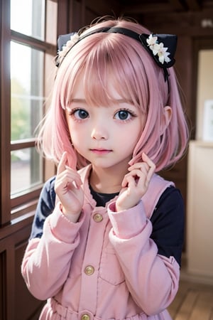 Loli, 5-8 years old,(masterpiece), best quality, 1 girl, nice hands, perfect hands, cuteloli, short hair,pink hair , black hair accessories,anya
