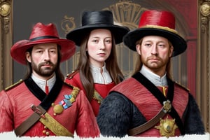 Create a drawing of guards wearing Red, black bear skin hats, outside Buckingham Palace, colorful, detailed, broken pencil lines style, painted on textured paper, 4k in the style of Leonardo de Vinci, DrakePostingMeme