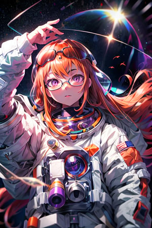 Persona, Futaba, purple eyes, glasses, long_orange_hair, fish in a astronaut helmet