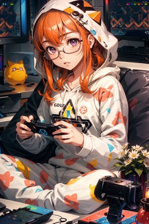  Persona, Futaba, purple eyes, glasses, long_orange_hair, 1girl, (playing_video_game:1.5), gamer, cozy, triangule pattern pijama, hoodie, flowerpot, cofee, (neutral colors:1.5)