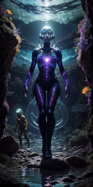 A group of xenobiologists, their faces etched with awe and curiosity, discover a hidden ecosystem teeming with bioluminescent lifeforms within the crystal caves of an alien planet. The otherworldly beauty of the glowing flora and fauna illuminates their features, their expressions capturing the profound sense of discovery.
 
