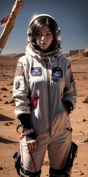 A lone astronaut, her spacesuit adorned with the flags of multiple nations, stands on the red surface of Mars. The desolate landscape stretches out behind her, yet her eyes sparkle with determination and a deep sense of wonder as she plants the first human flag on the alien soil.
 
