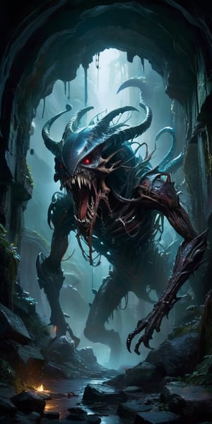 The Maw of Despair Within the depths of a forgotten dungeon, where the walls are lined with ancient runes and the air is thick with dread, lies a creature of nightmare. Its body is a fusion of alien exoskeleton and twisted, writhing flesh, with mouths filled with jagged teeth covering every inch of its form. Each step it takes sends tremors through the earth, and the sound of its howls echo through the halls, driving all who hear it to madness.
