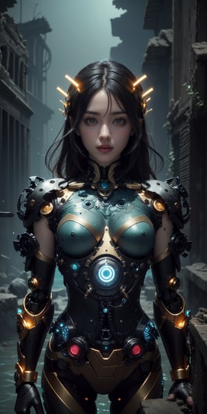 An exomechanic, her human consciousness seamlessly integrated within a robotic body, explores the ruins of an ancient underwater city. Bioluminescent algae illuminates the decaying structures, casting an eerie glow on her metallic form as she unearths the secrets of a long-lost civilization.
 
