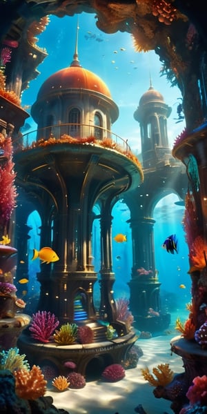 Underwater City An underwater city, its domed structures gleaming in the dim light of the ocean depths. Schools of exotic fish swim through the streets, their scales catching the light and creating a dazzling display. Seaweed and coral have overtaken the buildings, blending the city seamlessly into its oceanic surroundings.