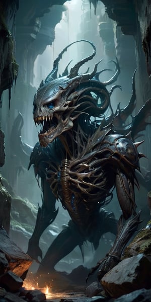 The Maw of Despair Within the depths of a forgotten dungeon, where the walls are lined with ancient runes and the air is thick with dread, lies a creature of nightmare. Its body is a fusion of alien exoskeleton and twisted, writhing flesh, with mouths filled with jagged teeth covering every inch of its form. Each step it takes sends tremors through the earth, and the sound of its howls echo through the halls, driving all who hear it to madness.
