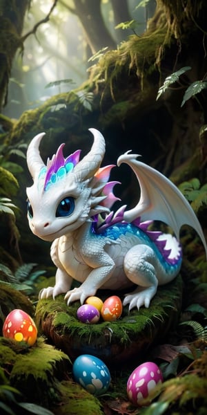 A majestic white dragon hatchling, no bigger than a house cat, curls protectively around a cluster of brightly colored eggs nestled amongst soft moss and glowing mushrooms in a hidden forest grotto. The eggs, each adorned with intricate swirling patterns, pulsate with a faint inner light, hinting at the life waiting to be born. Sunlight filters through the dense canopy of leaves above, casting dappled light on the serene scene.
