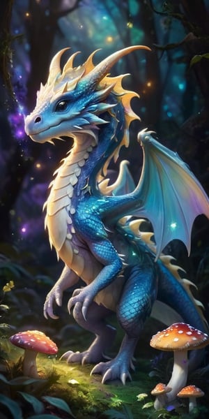 Beneath the starlit sky, a baby dragon with lustrous white scales dances gracefully amidst a field of phosphorescent mushrooms. Each step creates a soft, ethereal glow that illuminates the dragon's path, casting shadows that dance and flicker like ancient spirits. The dragon's movements seem to mirror the patterns of the stars above, as if in tune with the celestial rhythms of the universe, embodying the natural harmony between earth and sky.
