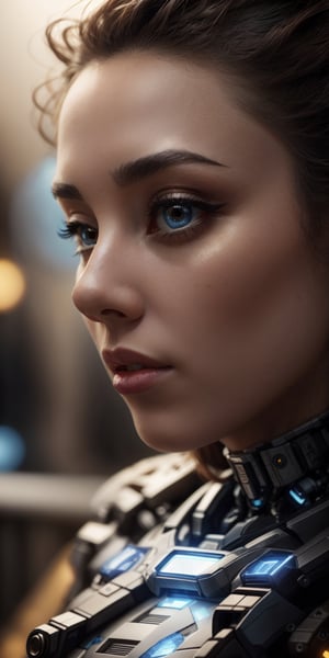 A close-up portrait of a woman with a shaved head and a cybernetic eye implant. The implant shimmers with a soft blue light, contrasting with her warm brown skin
