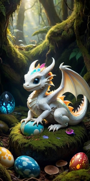 A majestic white dragon hatchling, no bigger than a house cat, curls protectively around a cluster of brightly colored eggs nestled amongst soft moss and glowing mushrooms in a hidden forest grotto. The eggs, each adorned with intricate swirling patterns, pulsate with a faint inner light, hinting at the life waiting to be born. Sunlight filters through the dense canopy of leaves above, casting dappled light on the serene scene.
