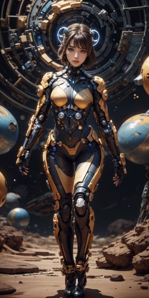 A lone cyborg, her mechanical limbs gleaming in the starlight, explores a desolate alien world.
 
