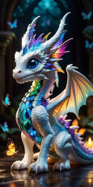 A photorealistic close-up of a baby white dragon, its large eyes filled with wonder, gently cradles a glowing butterfly in its claws. The butterfly, its wings a kaleidoscope of vibrant colors like a stained-glass window, rests peacefully on the dragon's soft paw. The dragon's scales, shimmering with an otherworldly sheen, reflect the butterfly's vibrant colors, creating a mesmerizing spectacle of light and shadow.
