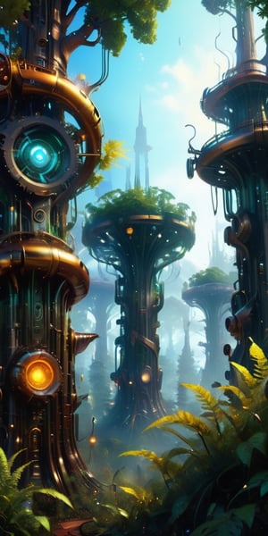 The Techno Jungle An overgrown jungle of mechanical trees, their metallic branches reaching towards the sky like twisted fingers. Strange, robotic creatures roam the underbrush, their bodies blending seamlessly with the mechanical foliage. The air is filled with the sound of whirring gears and clicking servos, creating a symphony of technological life.
,DonML34fXL