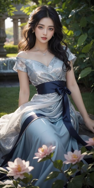 In the heart of an enchanted garden, a woman with cascading curls of midnight black tends to the flowers with gentle care. Her skin is as pale as the petals she lovingly tends, and she wears a simple dress of azure blue, tied with a sash of silver that glimmers in the sunlight.
