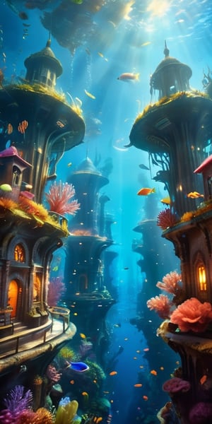Underwater City An underwater city, its domed structures gleaming in the dim light of the ocean depths. Schools of exotic fish swim through the streets, their scales catching the light and creating a dazzling display. Seaweed and coral have overtaken the buildings, blending the city seamlessly into its oceanic surroundings.