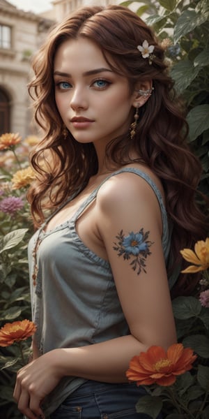 A photorealistic portrait of a woman with flowing red hair and piercing blue eyes. She has a flower tucked behind her ear, its petals blending seamlessly with her hair.
