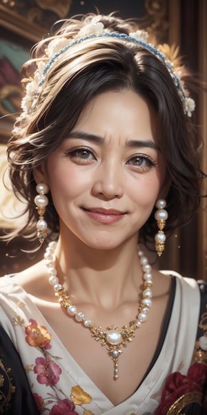 A detailed portrait of an elder Asian woman with kind eyes and a gentle smile. Her face is etched with wrinkles that tell stories of a life well-lived. She wears a traditional pearl necklace.
