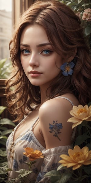 A photorealistic portrait of a woman with flowing red hair and piercing blue eyes. She has a flower tucked behind her ear, its petals blending seamlessly with her hair.
