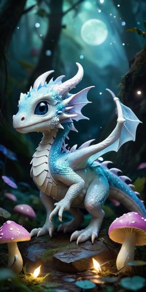 Beneath the starlit sky, a baby dragon with lustrous white scales dances gracefully amidst a field of phosphorescent mushrooms. Each step creates a soft, ethereal glow that illuminates the dragon's path, casting shadows that dance and flicker like ancient spirits. The dragon's movements seem to mirror the patterns of the stars above, as if in tune with the celestial rhythms of the universe, embodying the natural harmony between earth and sky.
