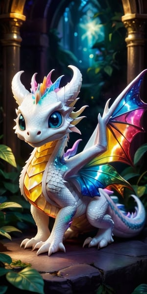A photorealistic close-up of a baby white dragon, its large eyes filled with wonder, gently cradles a glowing butterfly in its claws. The butterfly, its wings a kaleidoscope of vibrant colors like a stained-glass window, rests peacefully on the dragon's soft paw. The dragon's scales, shimmering with an otherworldly sheen, reflect the butterfly's vibrant colors, creating a mesmerizing spectacle of light and shadow.
