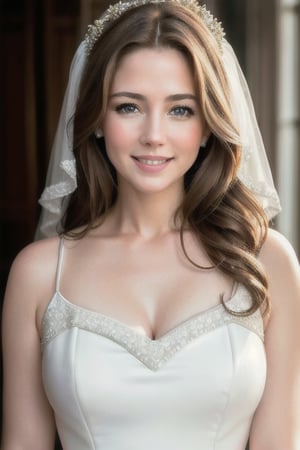 hyper real, lifelike, extreme face detail, HDR, face portrait photo of Jennifer Connely, wearing white dress, beautiful face, smile, brown hair, cinematic shot, 